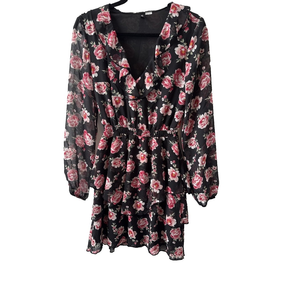 H&M Divided Sheer Floral Ruffle Neck Tiered Dress S Whimsigoth Cottagecore Boho